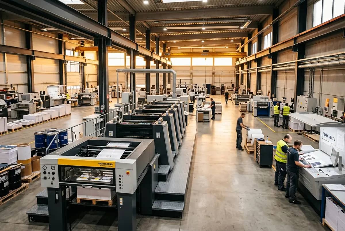 Master Simex printing facility interior with Heidelberg presses